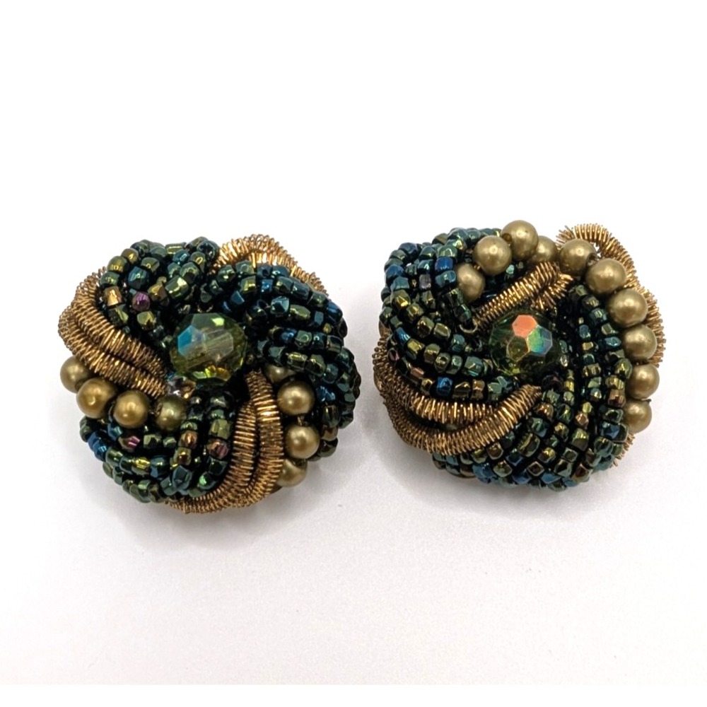 Vintage Green Seed Bead Clip On Earrings AB Gold Tone Cluster Iridescent